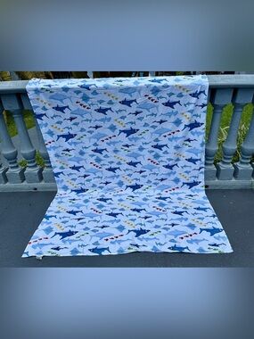 Pottery barn kids 2011 Shark  Print flat sheet- Blue White with nautical twin